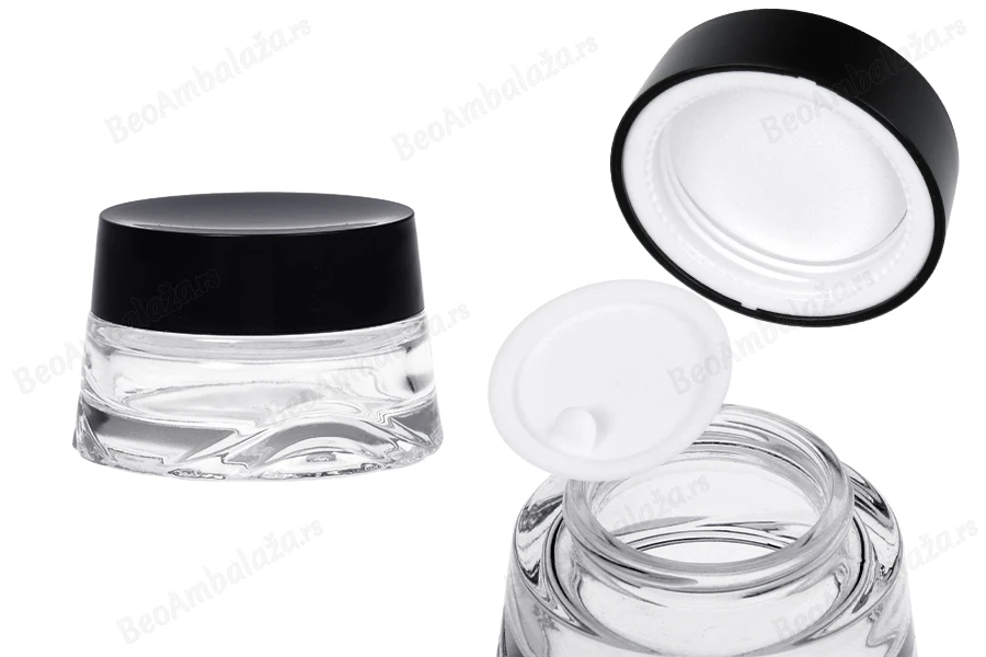 Staklena teglica 30 ml providna za kremu sa crnim zatvaračem i plastičnim međupoklopcem-slika_proizvoda
