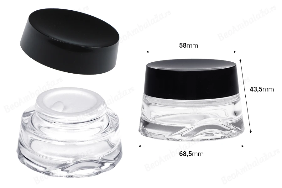 Staklena teglica 30 ml providna za kremu sa crnim zatvaračem i plastičnim međupoklopcem-dimenzije_slike