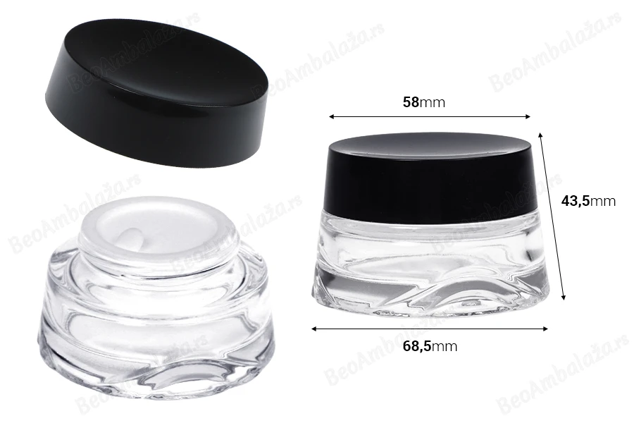 Staklena teglica 30 ml providna za kremu sa crnim zatvaračem i plastičnim međupoklopcem-dimenzije_slike
