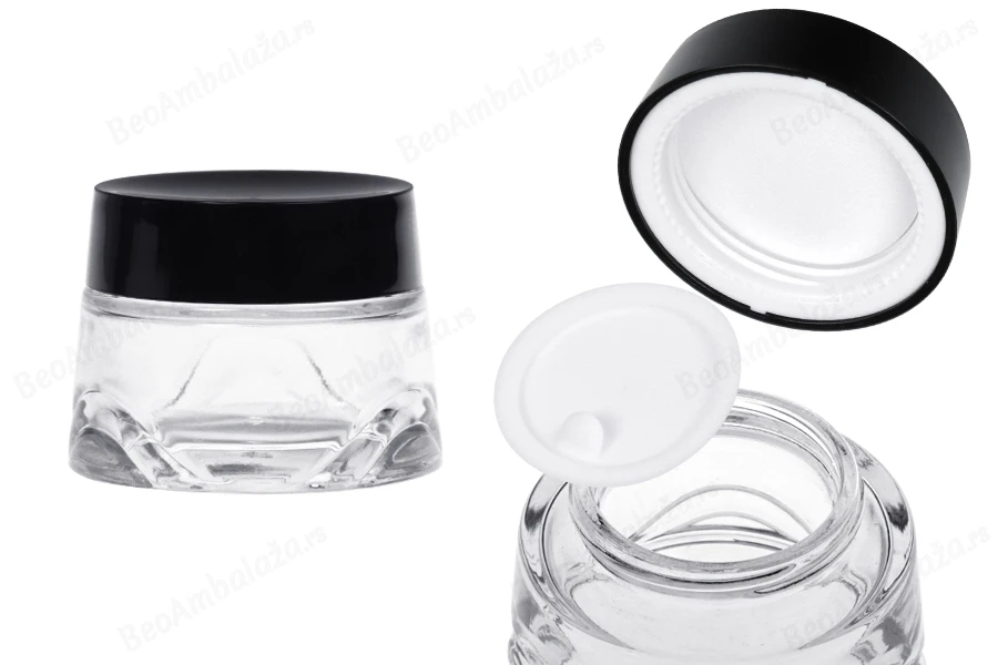 Staklena teglica 50 ml providna za kremu sa crnim zatvaračem i plastičnim međupoklopcem-slika_proizvoda