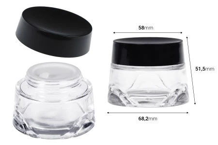 Staklena teglica 50 ml providna za kremu sa crnim zatvaračem i plastičnim međupoklopcem-2