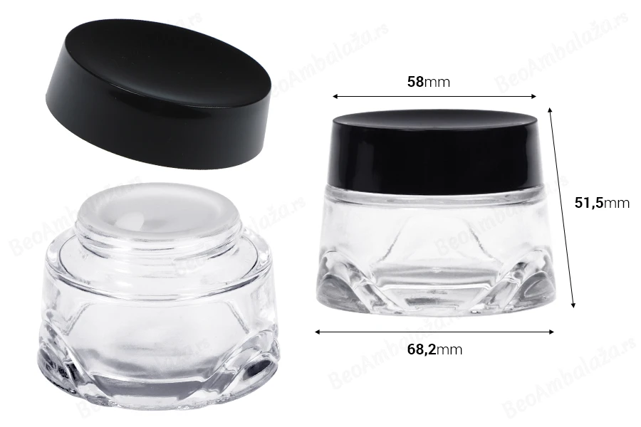 Staklena teglica 50 ml providna za kremu sa crnim zatvaračem i plastičnim međupoklopcem-dimenzije_slike
