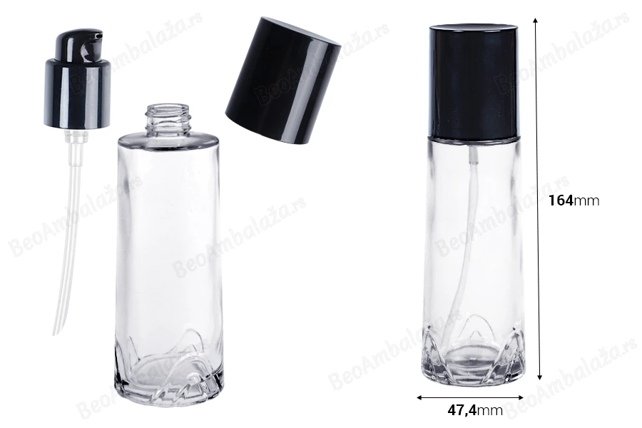 Staklena bočica 100 ml providna sa crnom pumpicom za kremu i poklopcem-dimenzije_slike