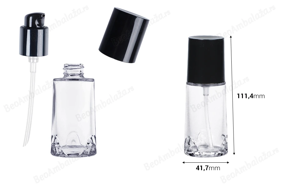 Staklena bočica 40 ml providna sa crnom pumpicom za kremu i poklopcem-dimenzije_slike
