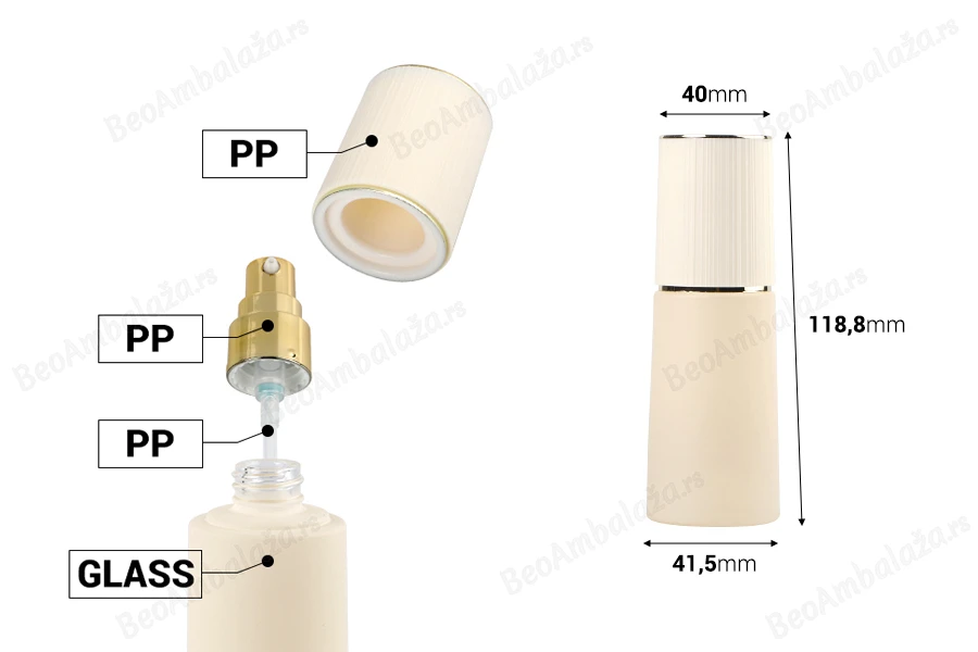 Luksuzna bež mat staklena bočica 40mL sa zlatnom pumpicom za kreme i zatvaračem-dimenzije_slike