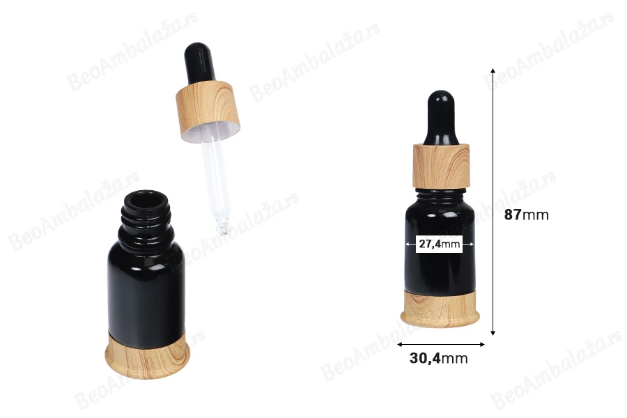Staklena crna bočica 10mL sa pipetom, plastičnim prstenom i osnovom u dezenu drveta-dimenzije_slike