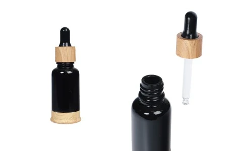Staklena crna bočica 20mL sa pipetom, plastičnim prstenom i osnovom u dezenu drveta-1