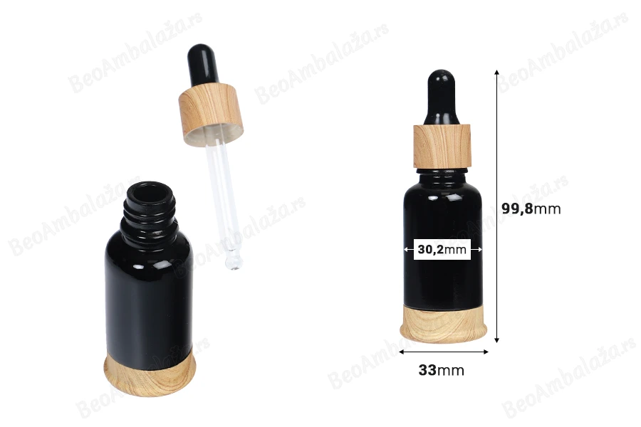 Staklena crna bočica 20mL sa pipetom, plastičnim prstenom i osnovom u dezenu drveta-dimenzije_slike
