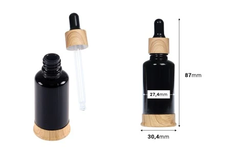 Staklena crna bočica 30mL sa pipetom, plastičnim prstenom i osnovom u dezenu drveta-2