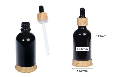 Staklena crna bočica 50mL sa pipetom, plastičnim prstenom i osnovom u dezenu drveta-2
