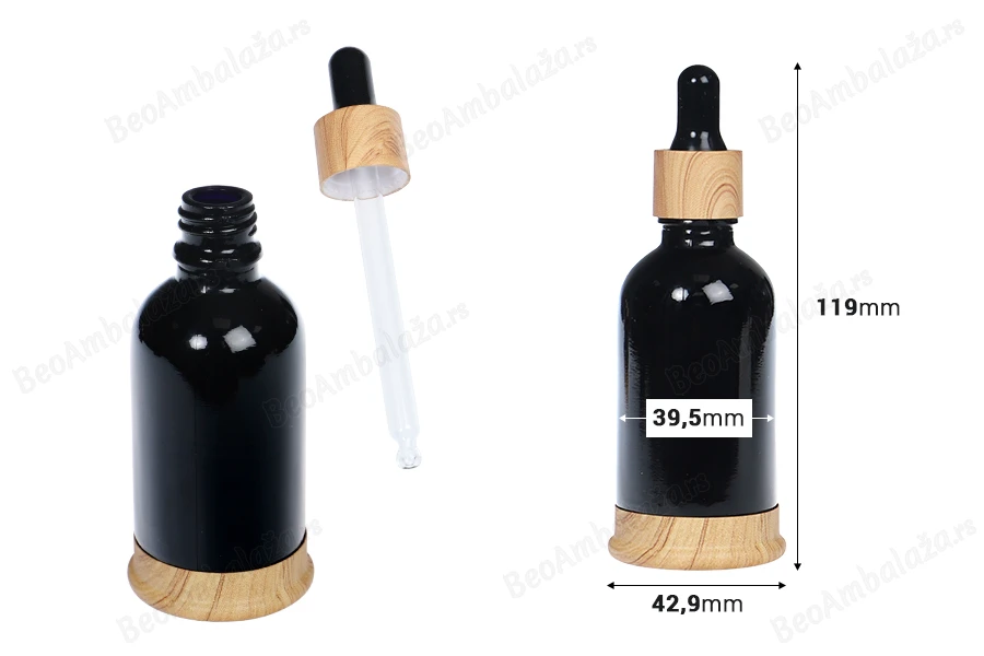 Staklena crna bočica 50mL sa pipetom, plastičnim prstenom i osnovom u dezenu drveta-dimenzije_slike