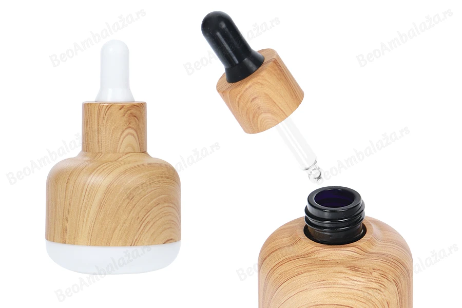 Staklena bočica 30mL sa pipetom i plastičnom oblogom u dezenu drveta-slika_proizvoda