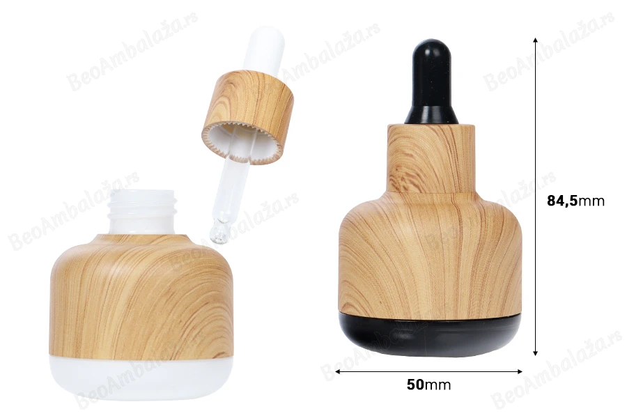 Staklena bočica 30mL sa pipetom i plastičnom oblogom u dezenu drveta-dimenzije_slike