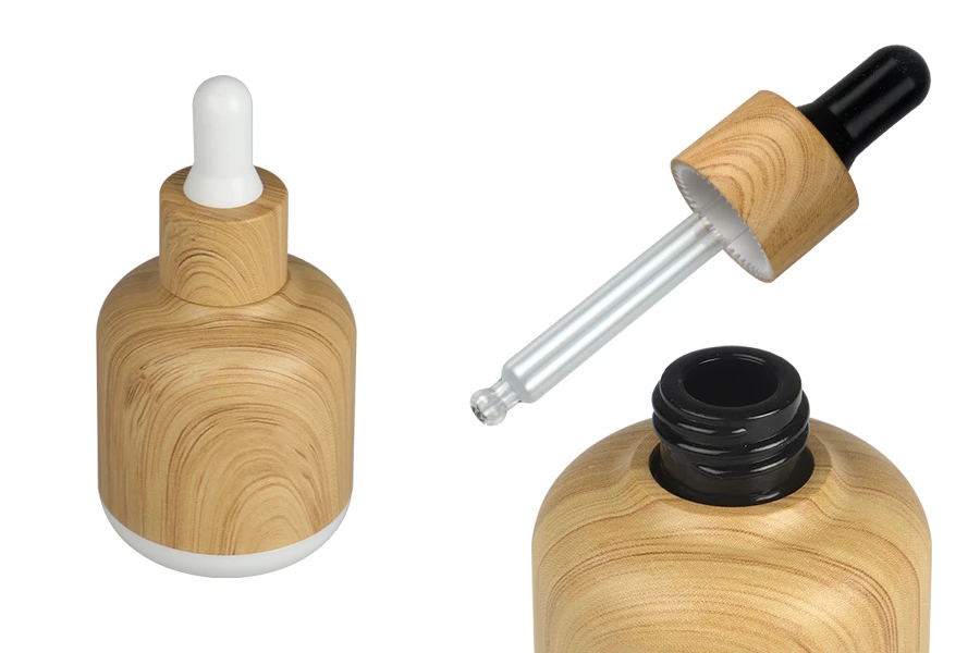Staklena bočica 50mL sa pipetom i plastičnom oblogom u dezenu drveta-slika_proizvoda