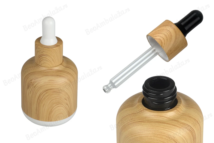 Staklena bočica 50mL sa pipetom i plastičnom oblogom u dezenu drveta-slika_proizvoda