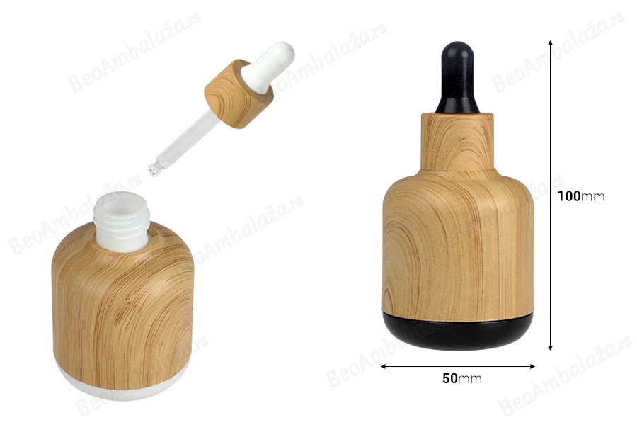 Staklena bočica 50mL sa pipetom i plastičnom oblogom u dezenu drveta-dimenzije_slike