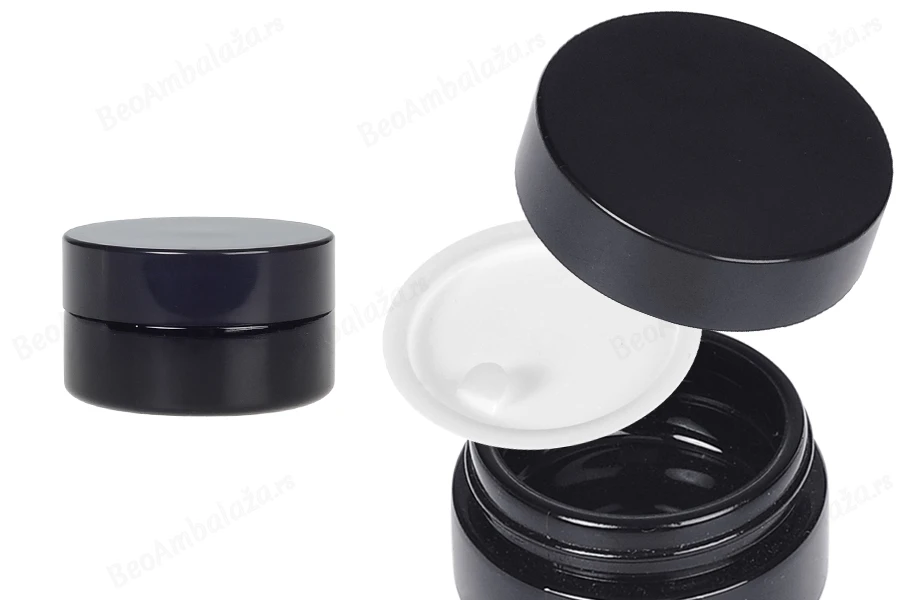 Staklena teglica za kremu 30 ml (pljosnata) u crnoj boji sa zatvaračem i plastičnim međupoklopcem-slika_proizvoda