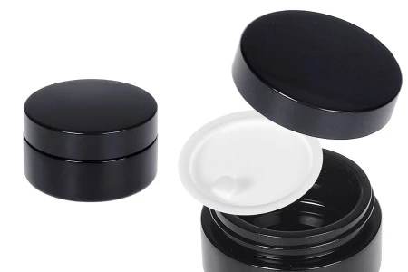 Staklena teglica za kremu 50 ml (pljosnata) u crnoj boji sa zatvaračem i plastičnim međupoklopcem-1