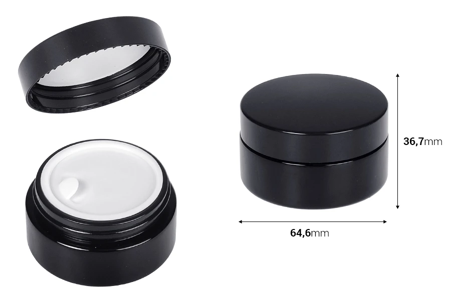 Staklena teglica za kremu 50 ml (pljosnata) u crnoj boji sa zatvaračem i plastičnim međupoklopcem Staklena teglica za kremu 50 ml (pljosnata) u crnoj boji sa zatvaračem i plastičnim međupoklopcem