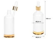 Staklena bela bočica 100mL sa pipetom i zlatnim aluminijumskim prstenom i osnovom