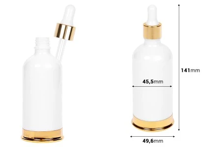 Staklena bela bočica 100mL sa pipetom i zlatnim aluminijumskim prstenom i osnovom-2