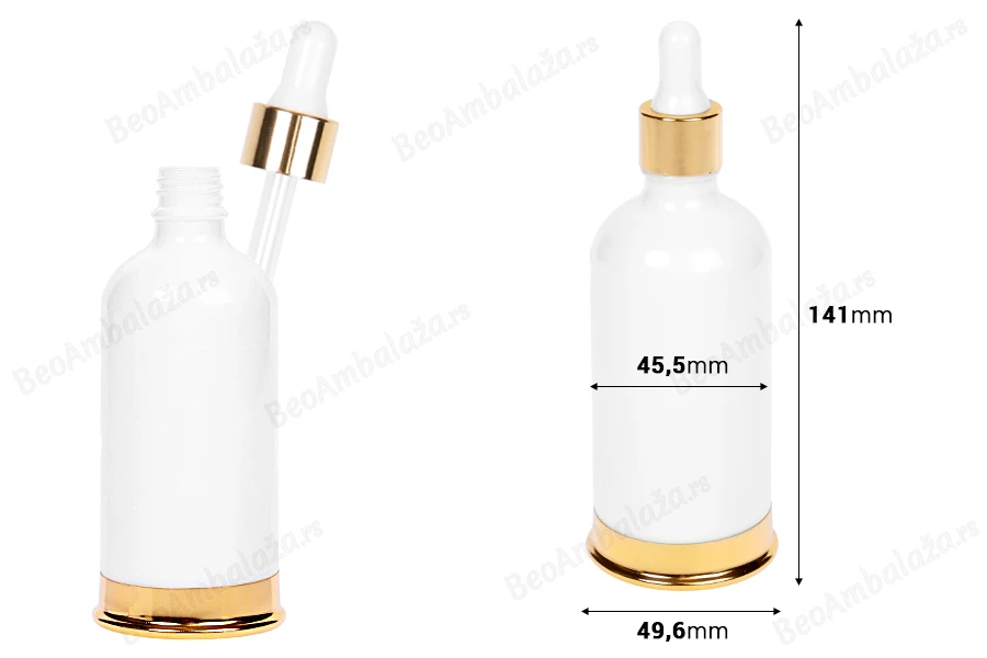 Staklena bela bočica 100mL sa pipetom i zlatnim aluminijumskim prstenom i osnovom-dimenzije_slike