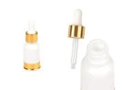 Staklena bela bočica 10mL sa pipetom i zlatnim aluminijumskim prstenom i osnovom Staklena bela bočica 10mL sa pipetom i zlatnim aluminijumskim prstenom i osnovom