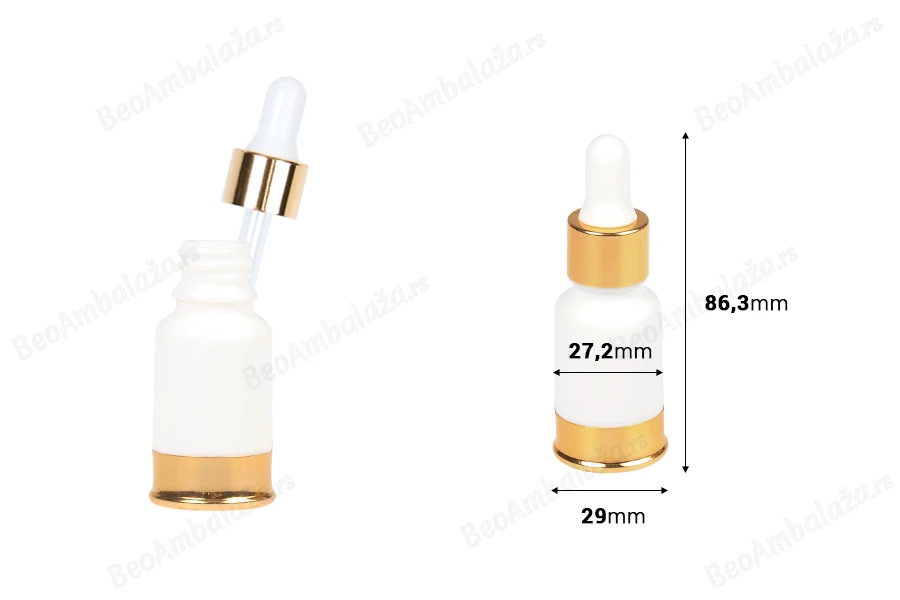 Staklena bela bočica 10mL sa pipetom i zlatnim aluminijumskim prstenom i osnovom-dimenzije_slike