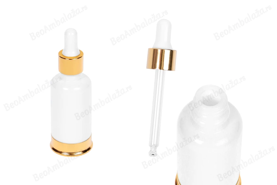 Staklena bela bočica 30mL sa pipetom i aluminijumskom zlatnom osnovom-slika_proizvoda