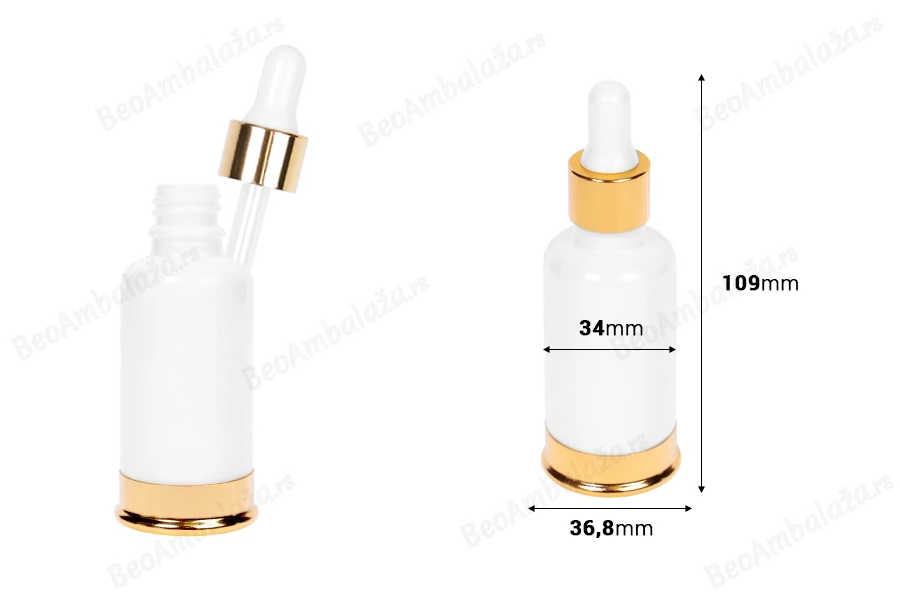 Staklena bela bočica 30mL sa pipetom i aluminijumskom zlatnom osnovom-dimenzije_slike