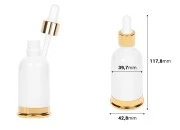 Staklena bela bočica 50mL sa pipetom i zlatnim aluminijumskim prstenom i osnovom-dimenzije_slike