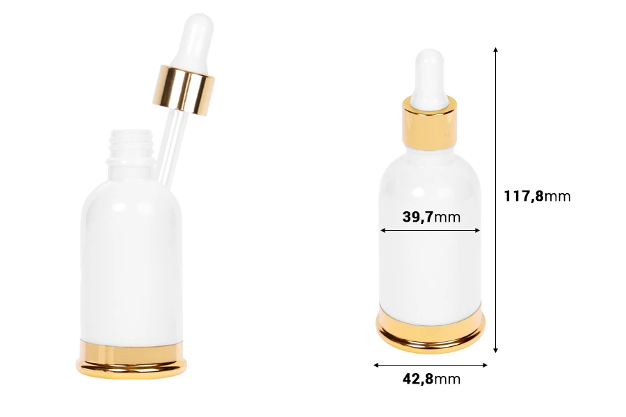 Staklena bela bočica 50mL sa pipetom i zlatnim aluminijumskim prstenom i osnovom-dimenzije_slike