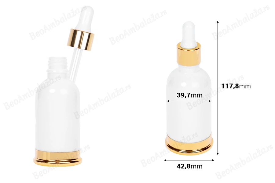 Staklena bela bočica 50mL sa pipetom i zlatnim aluminijumskim prstenom i osnovom-dimenzije_slike