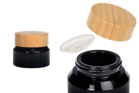 Staklena teglica za kremu 30 ml u crnoj boji sa zatvaračem od bambusa i plastičnim međupoklopcem-1