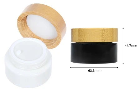 Bela staklena teglica za kreme 50mL sa zatvaračem od bambusa i plastičnim međupoklopcem-2