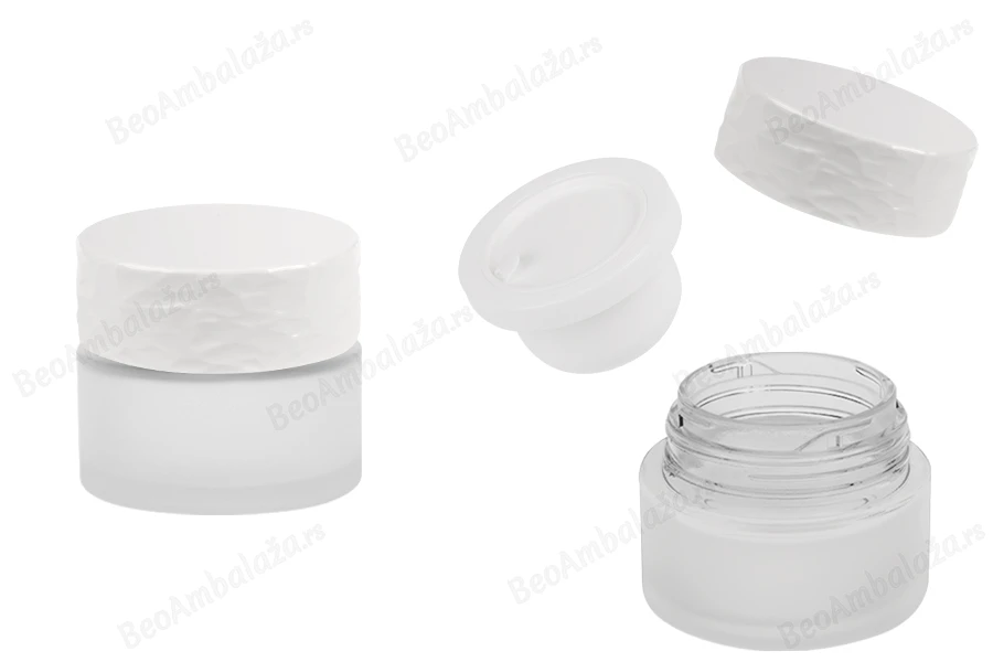 Dopunjiva peskirana staklena teglica od 30 mL za kreme, sa akrilnim zatvaračem i plastičnim međupoklopcem-slika_proizvoda