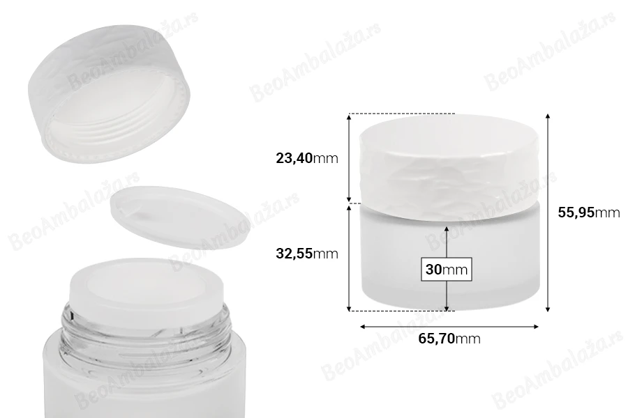 Dopunjiva peskirana staklena teglica od 30 mL za kreme, sa akrilnim zatvaračem i plastičnim međupoklopcem-dimenzije_slike
