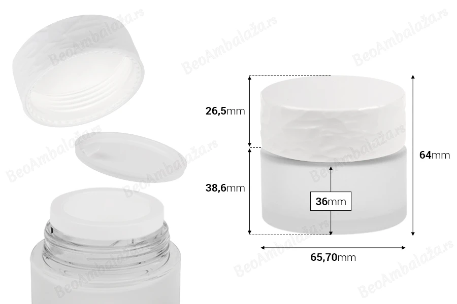 Dopunjiva staklena peskirana teglica od 50 mL za kreme, sa akrilnim zatvaračem i plastičnim međupoklopcem-dimenzije_slike