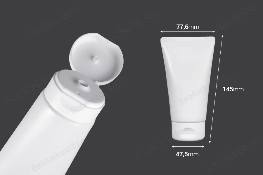 Plastična tuba 150mL bela sa unutrašnjom aluminijumskom oblogom i flip top zatvaračem - 12 kom-dimenzije_slike