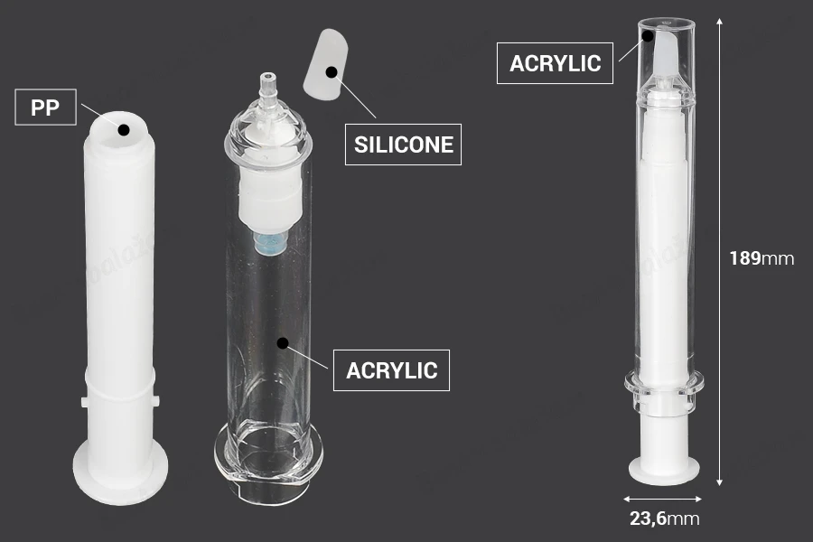 Airless tubica - akrilni špric 20mL za kozmetičku upotrebu, sa zatvaračem - 6 kom-dimenzije_slike
