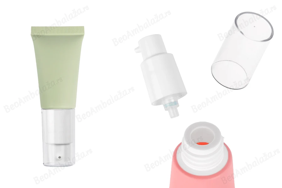 Plastična tubica od 20 mL u raznim mat bojama, sa belom pumpicom i providnim poklopcem-slika_proizvoda