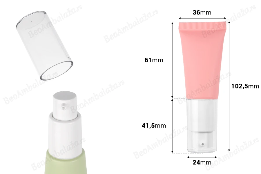 Plastična tubica od 20 mL u raznim mat bojama, sa belom pumpicom i providnim poklopcem-dimenzije_slike