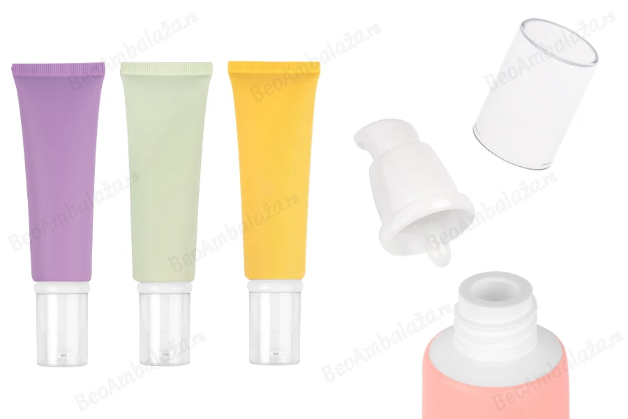 Plastična tubica od 50 mL u raznim mat bojama, sa belom pumpicom i providnim poklopcem-slika_proizvoda