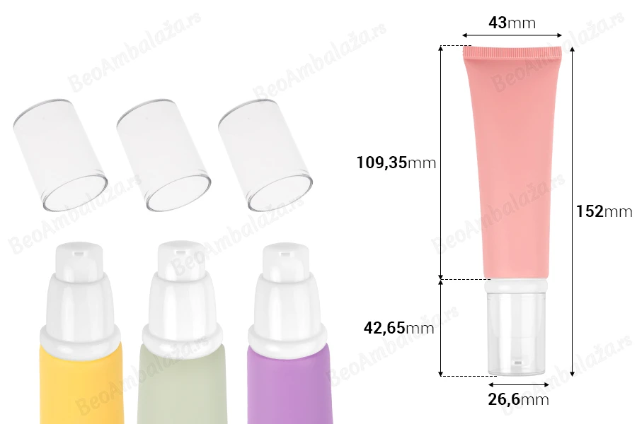 Plastična tubica od 50 mL u raznim mat bojama, sa belom pumpicom i providnim poklopcem-dimenzije_slike