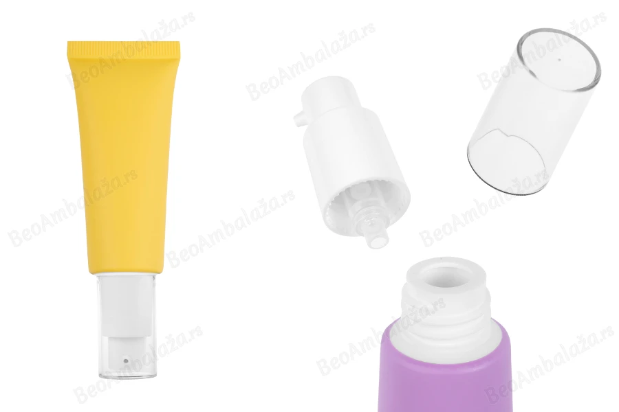 Plastična tubica od 30 mL u raznim mat bojama, sa belom pumpicom i providnim poklopcem-slika_proizvoda