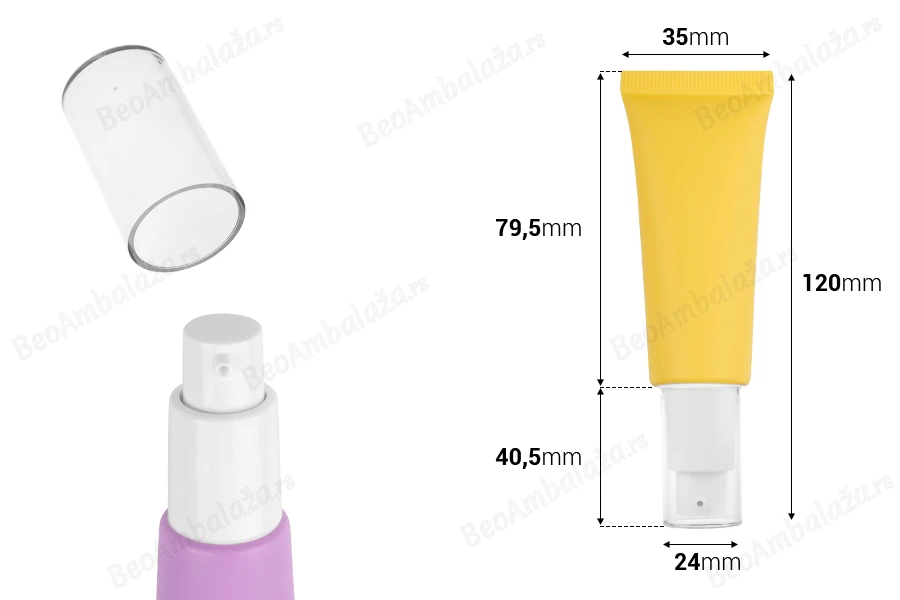 Plastična tubica od 30 mL u raznim mat bojama, sa belom pumpicom i providnim poklopcem-dimenzije_slike