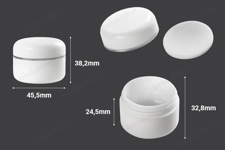 Kutijica od bele plastike sa srebrnom linijom, duplim dnom, međupoklopcem i zatvaračem 25mL - 12 kom-dimenzije_slike
