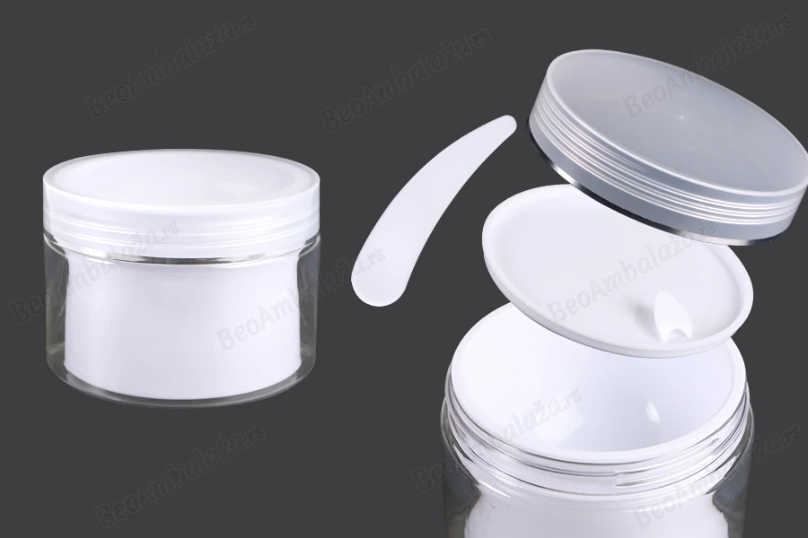 Plastična kutijica sa duplim dnom 150 mL za kremu, sa zatvaračem, plastičnim međupoklopcem i spatulom - 6 kom-slika_proizvoda