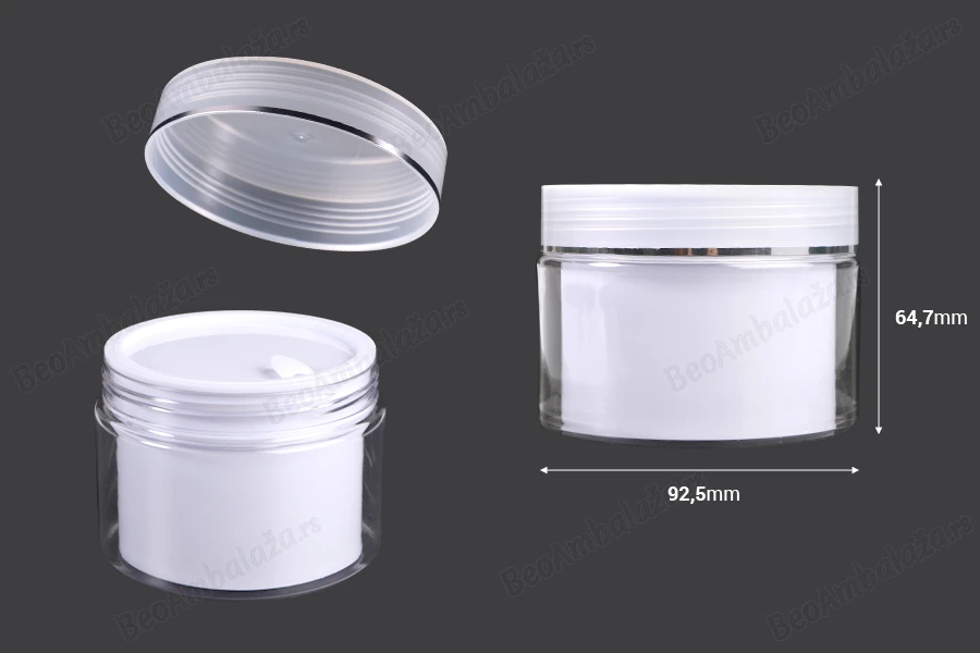 Plastična kutijica sa duplim dnom 150 mL za kremu, sa zatvaračem, plastičnim međupoklopcem i spatulom - 6 kom-dimenzije_slike