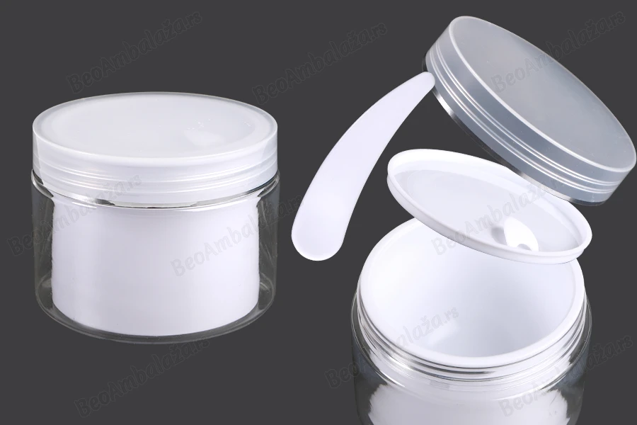 Plastična kutijica sa duplim dnom 200 mL za kremu, sa zatvaračem, plastičnim međupoklopcem i spatulom - 6 kom-slika_proizvoda